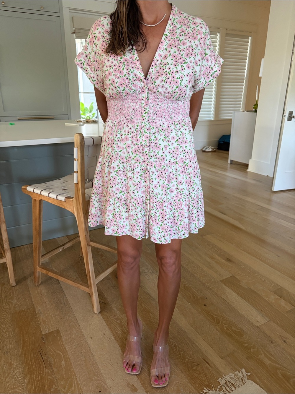 Alice + Olivia Pink and Green Floral Smocked Mini Dress